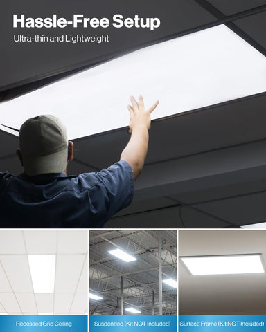 Sunco Lighting 2x4 panel shows dimming control for instant scene adjustment.