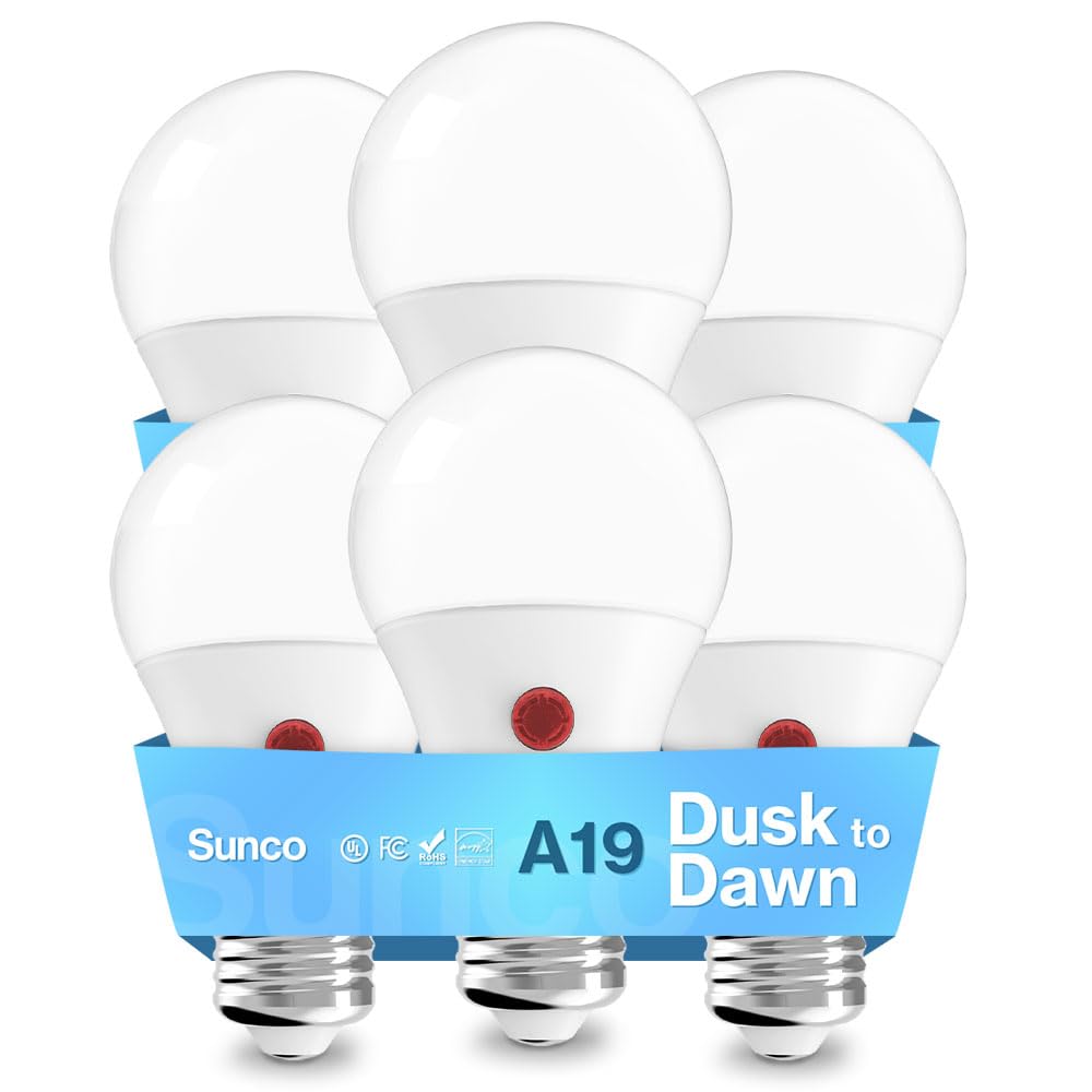 Sunco Lighting dusk-to-dawn A19 bulb with 800 lumens for porch or driveway lighting.