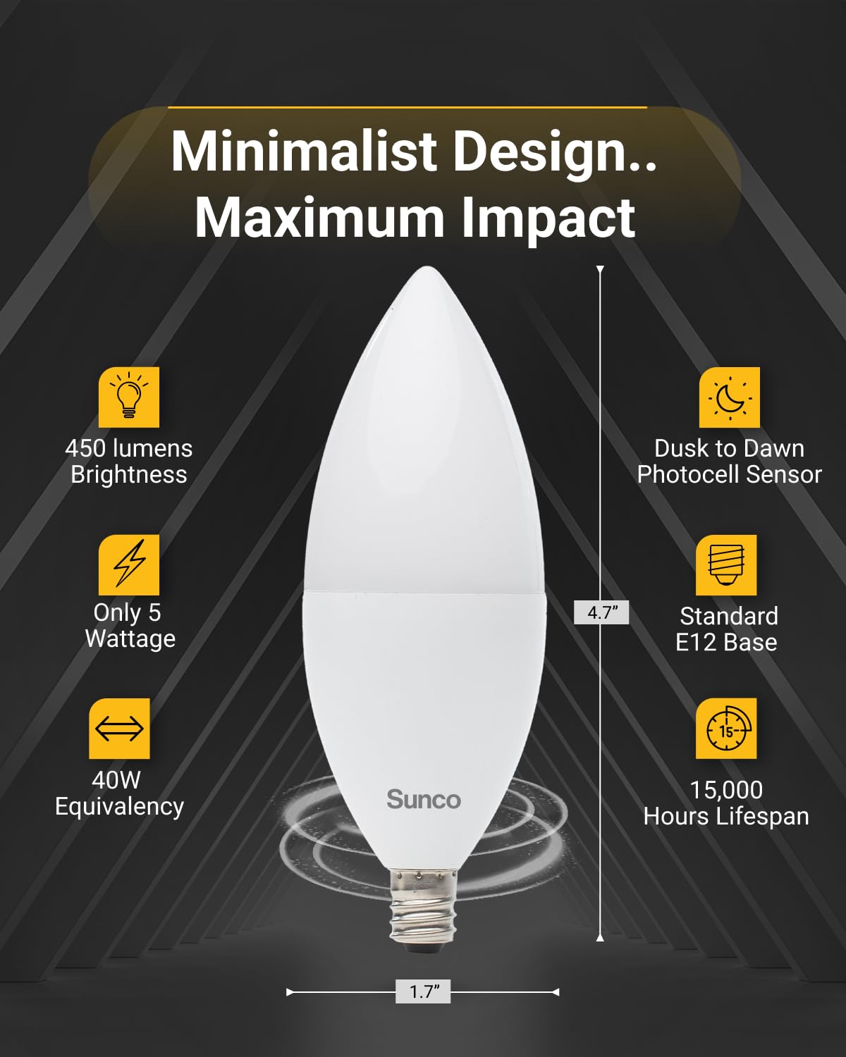 Sunco Lighting B11 LED soft white 2700K 450 lm ideal for porch illumination.