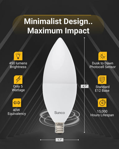 Sunco Lighting B11 LED soft white 2700K 450 lm ideal for porch illumination.