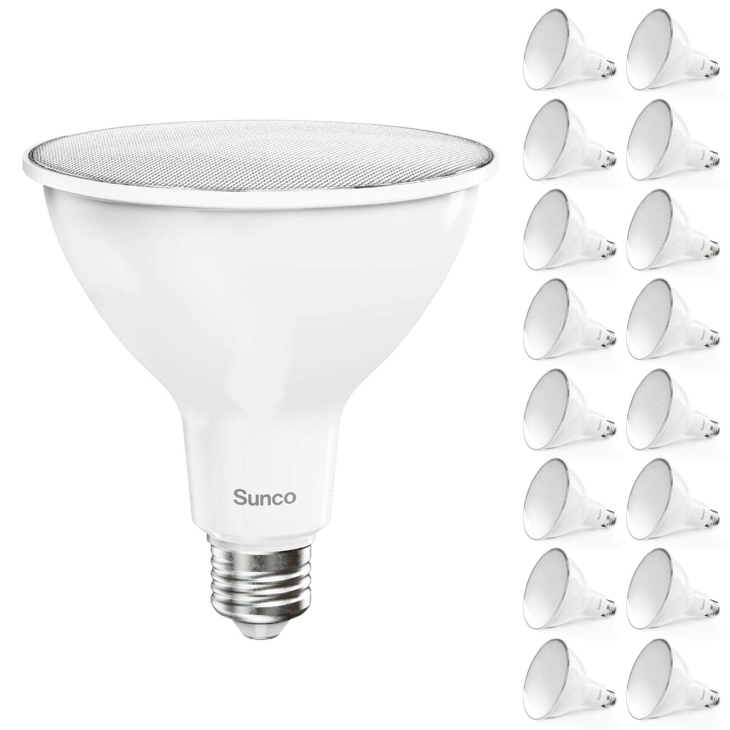 Sunco Lighting PAR38 outdoor flood bulb highlighting entryways with weatherproof reliability.