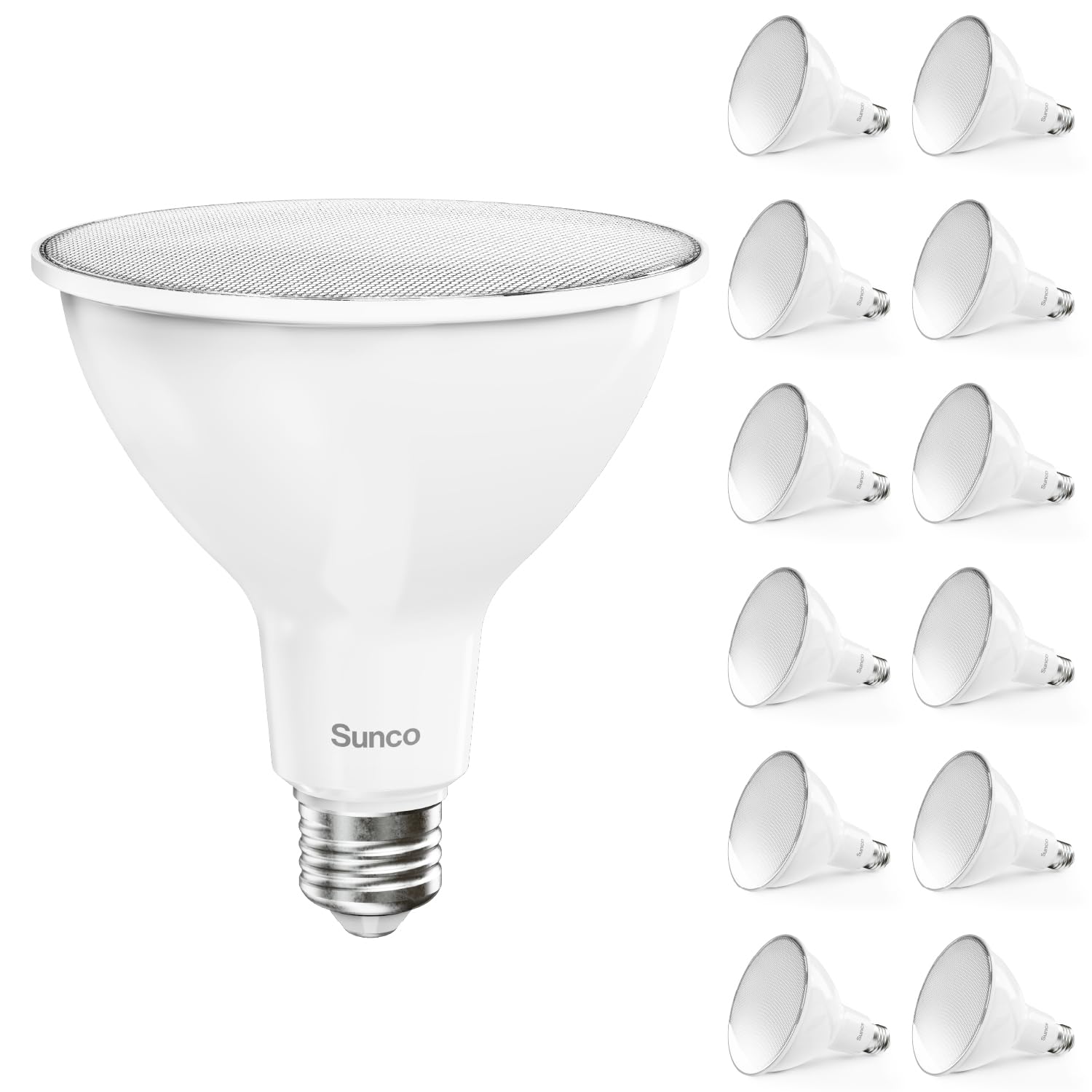Sunco Lighting PAR38 LED flood outdoor bulb highlights landscape with bright 5000K daylight for outdoor security lighting.