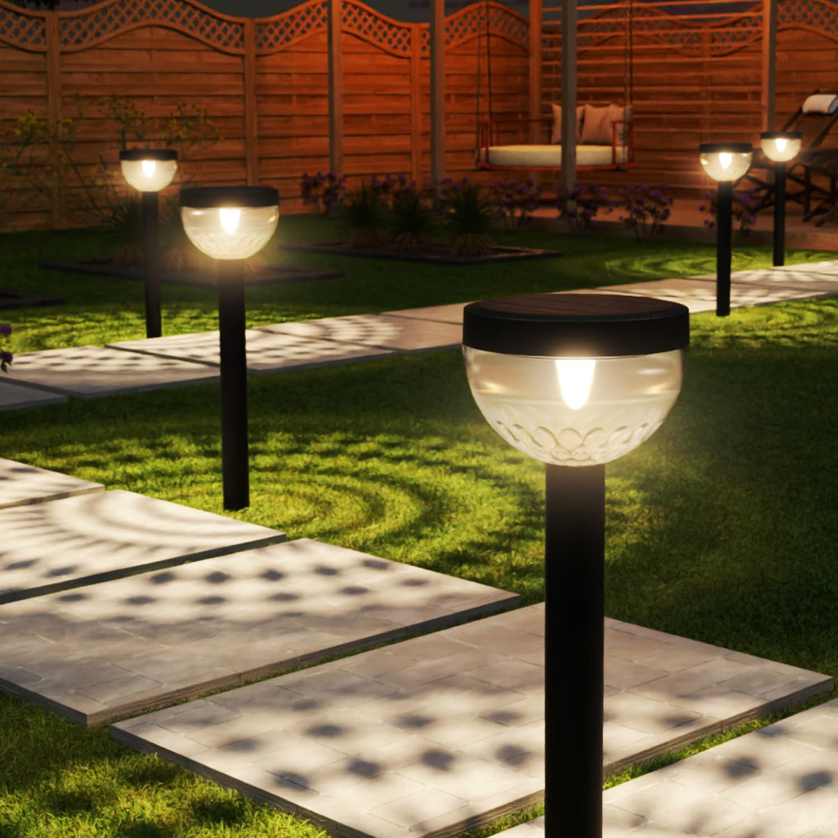 Sunco Lighting round solar pathway lights in a 6-pack arrangement for cord-free outdoor lighting