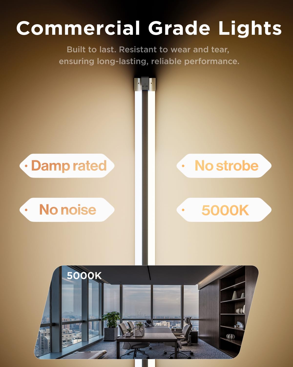 Sunco Lighting fixture offers surface mount and suspension options for versatile placement.