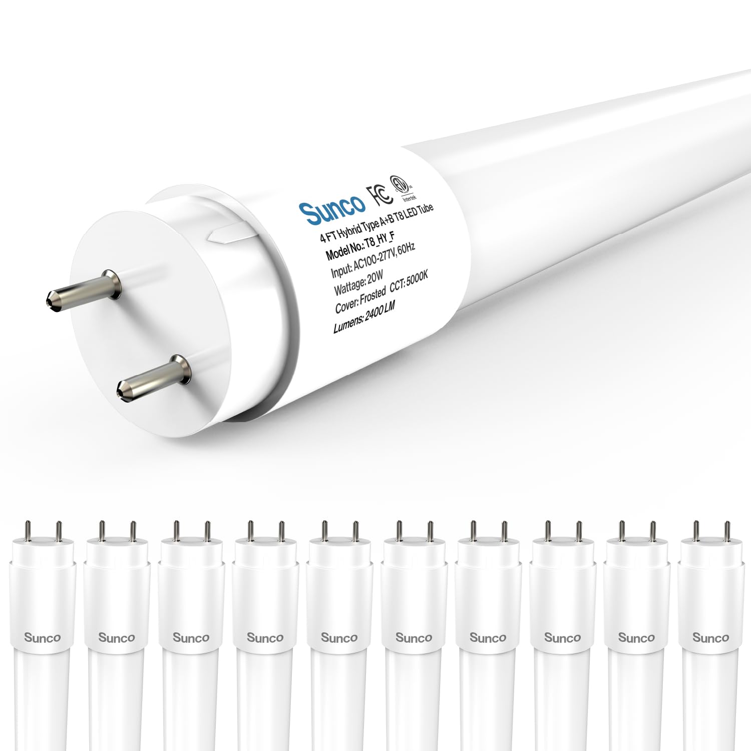 Sunco Lighting T8 LED 4ft bulb, front view, bright daylight for garages.