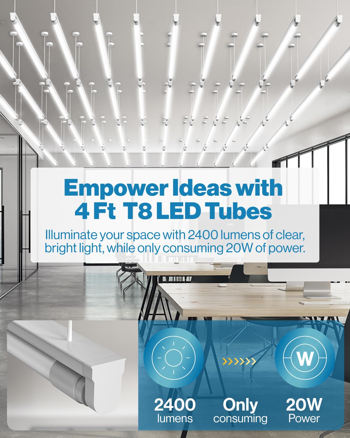 Sunco Lighting T8 LED 4ft bulb, side view, plug-and-play Type A+B compatibility.