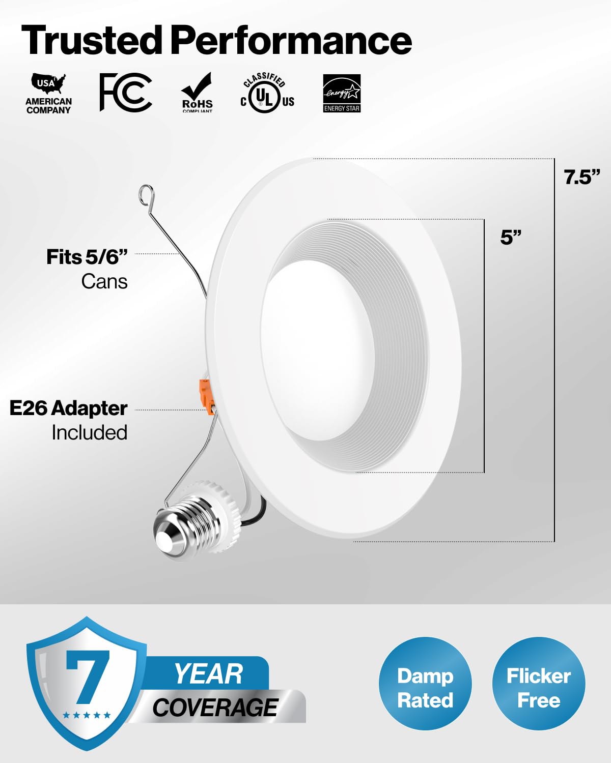 Sunco Lighting UL-listed downlight for safety and reliability.