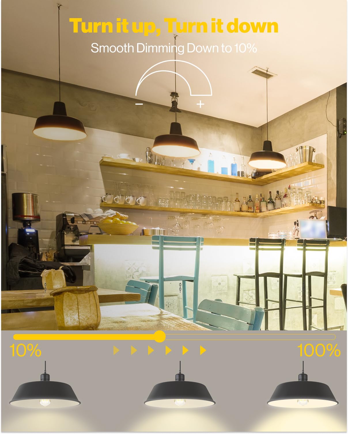 Sunco Lighting vintage bulbs in cafe setting create welcoming atmosphere.