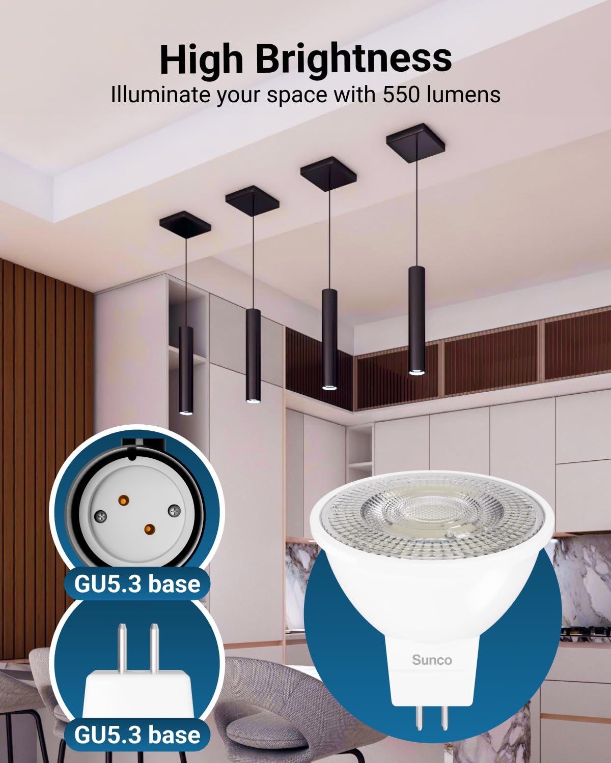 Sunco MR16 LED bulb dimmable control close-up; customizable ambience.