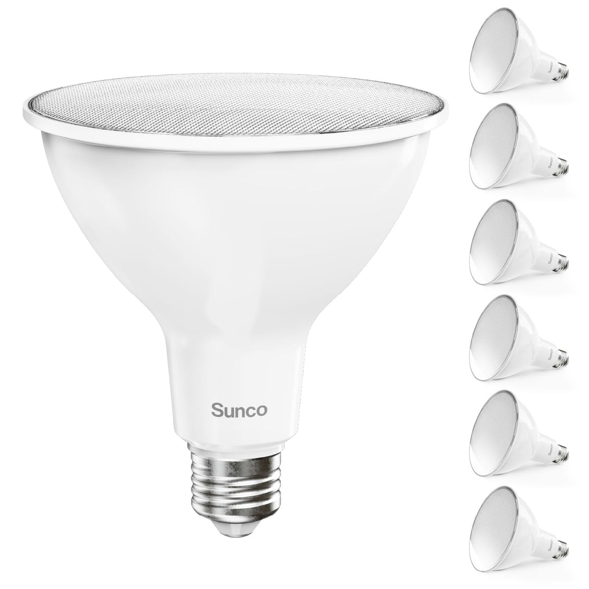 Sunco PAR38 LED flood bulb close-up showing bright daylight beam for outdoor lighting