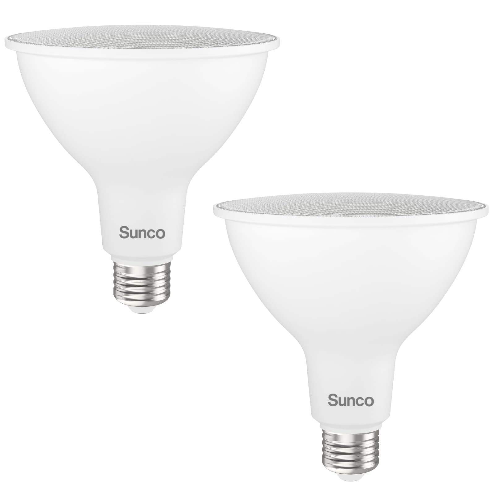 Sunco PAR38 outdoor flood light LED illuminating a yard at dusk.