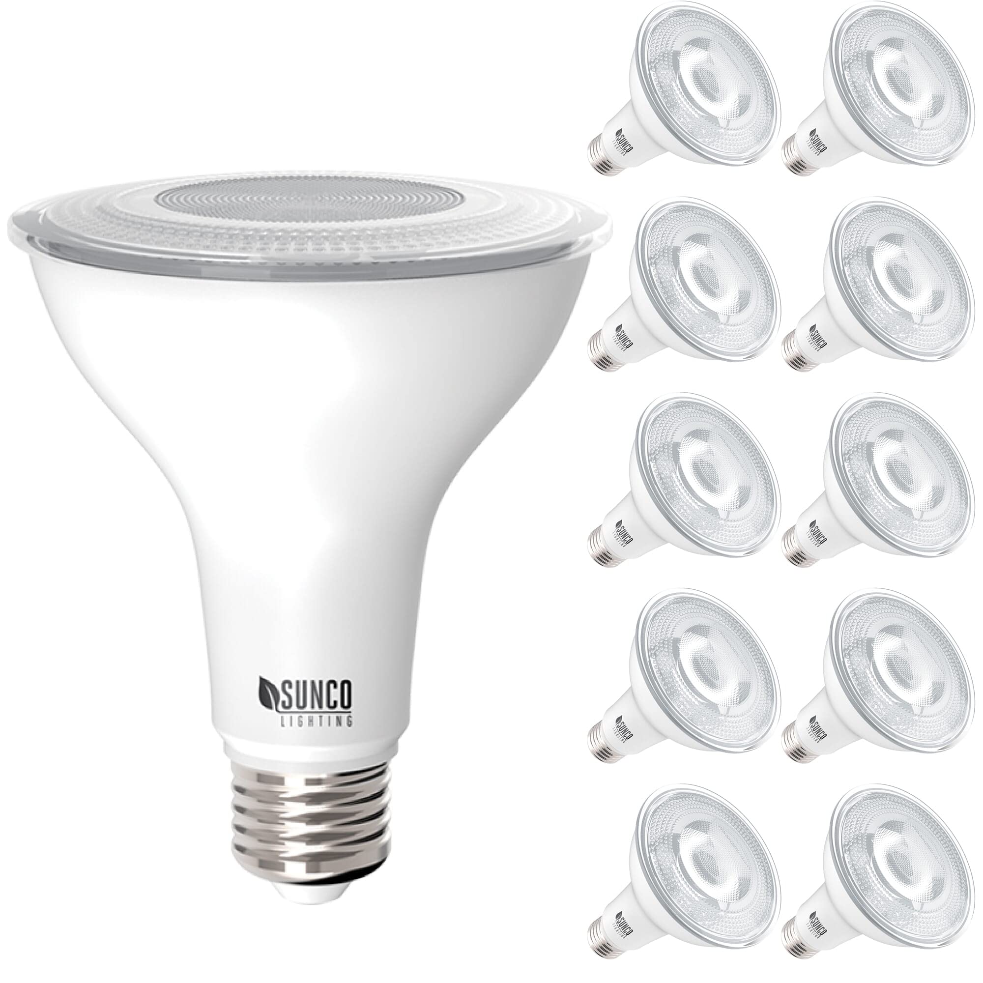 Sunco PAR30 bulb close-up showcasing CRI90 for accurate color rendering.