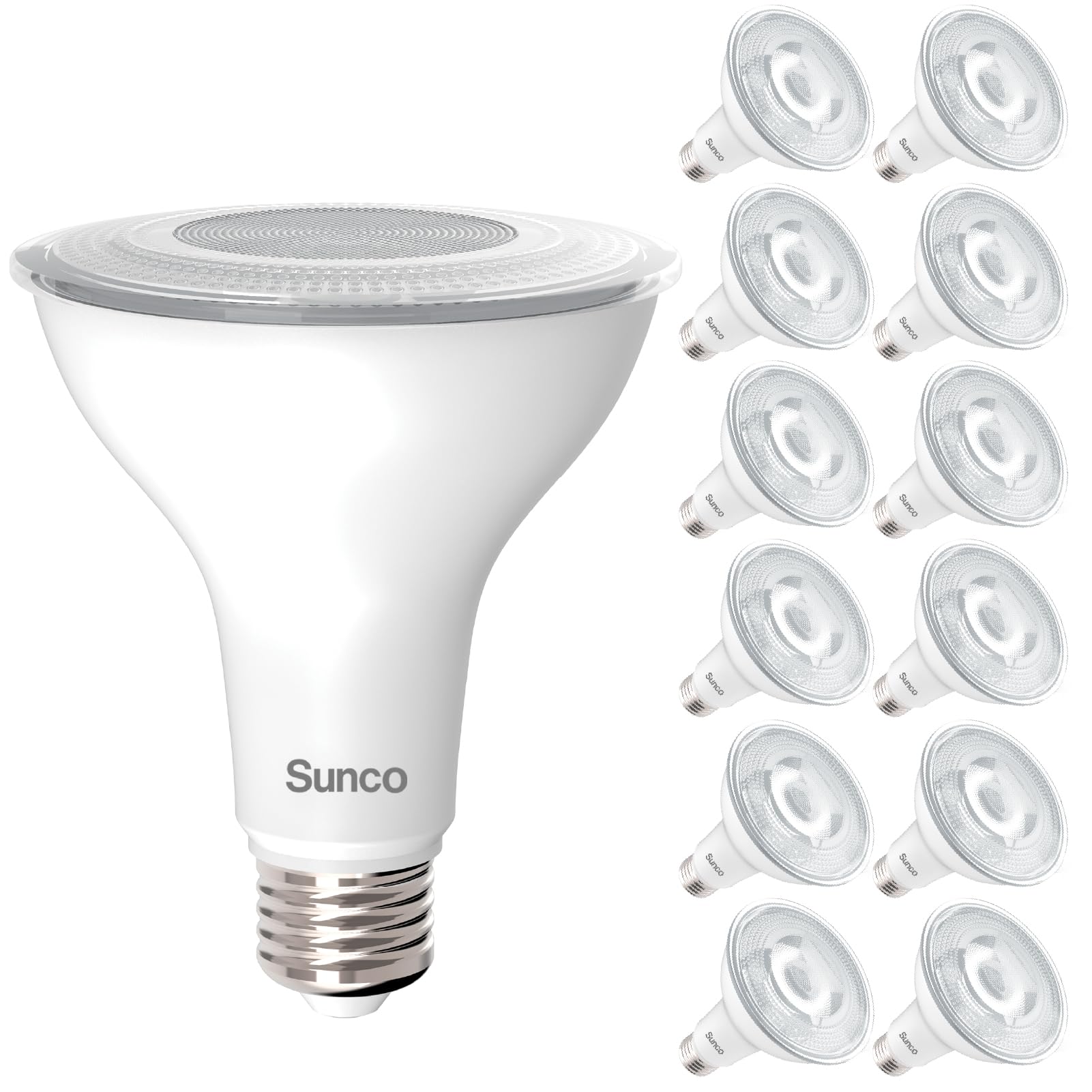 Sunco PAR30 LED bulb with dusk-to-dawn sensor for automatic outdoor lighting.