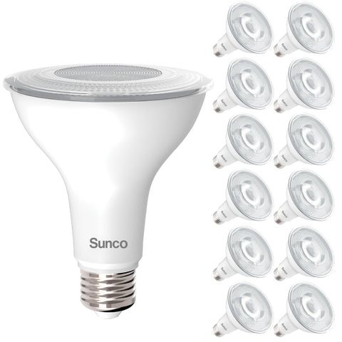 Sunco PAR30 LED bulb with dusk-to-dawn sensor for automatic outdoor lighting.