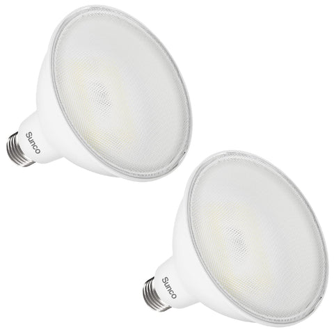 Sunco PAR38 LED outdoor flood bulb installed in a compatible outdoor can for durable exterior lighting.