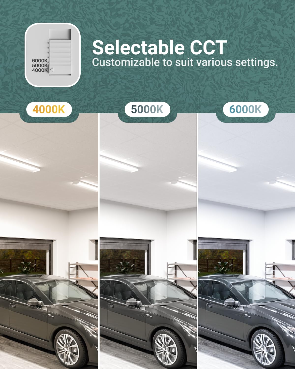 Sunco selectable CCT 4000K-6000K image emphasizes customizable color temperature.