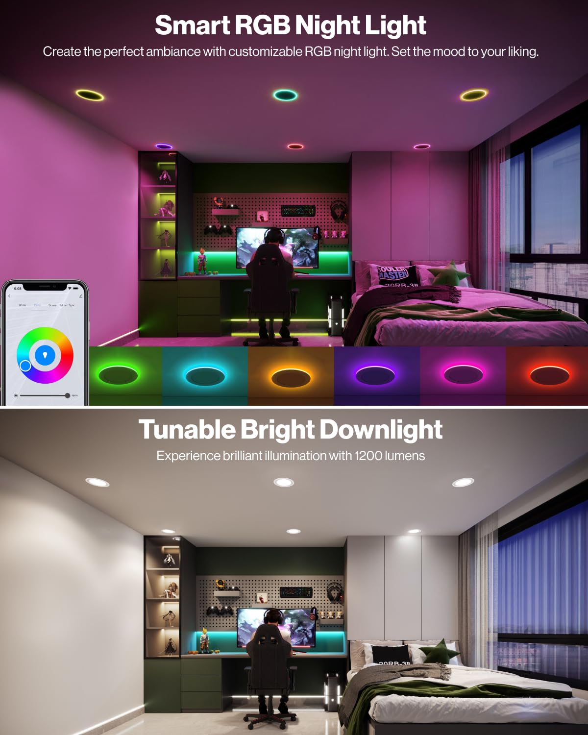 Sunco Lighting app control demonstrates remote management and voice compatibility.
