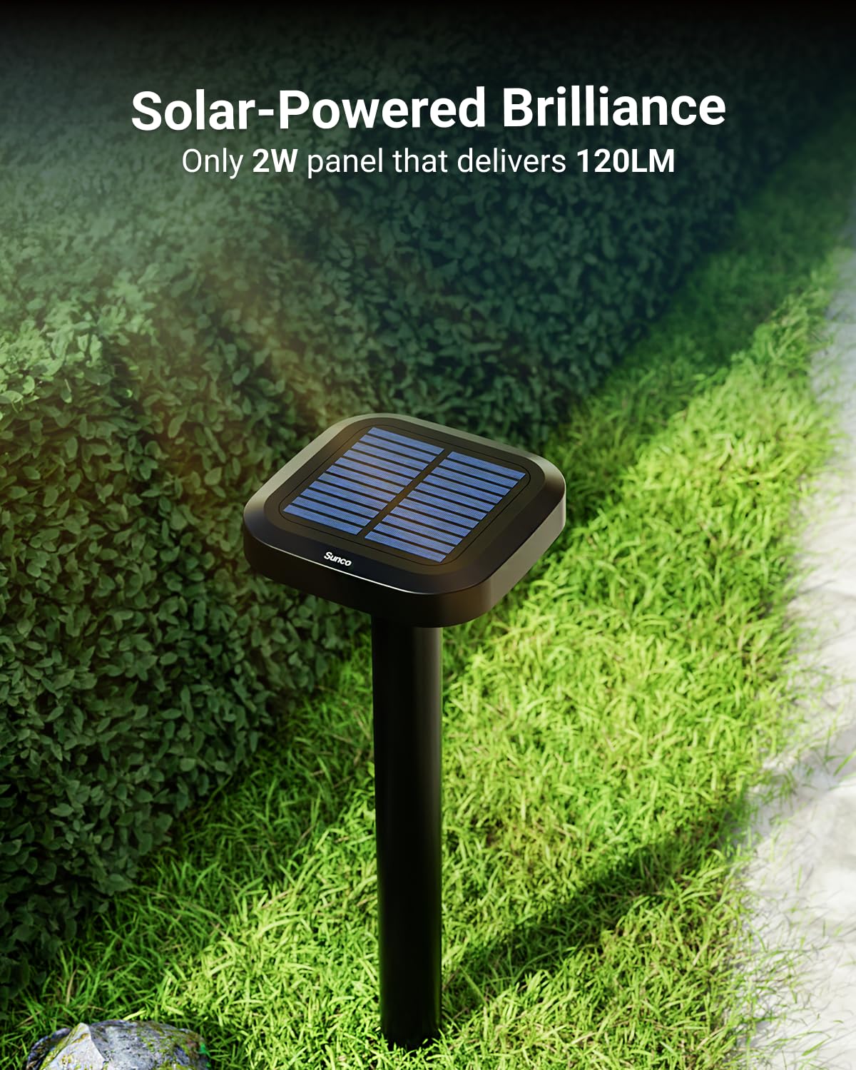 Sunco square solar pathway light side view highlighting the patio edge with even brightness