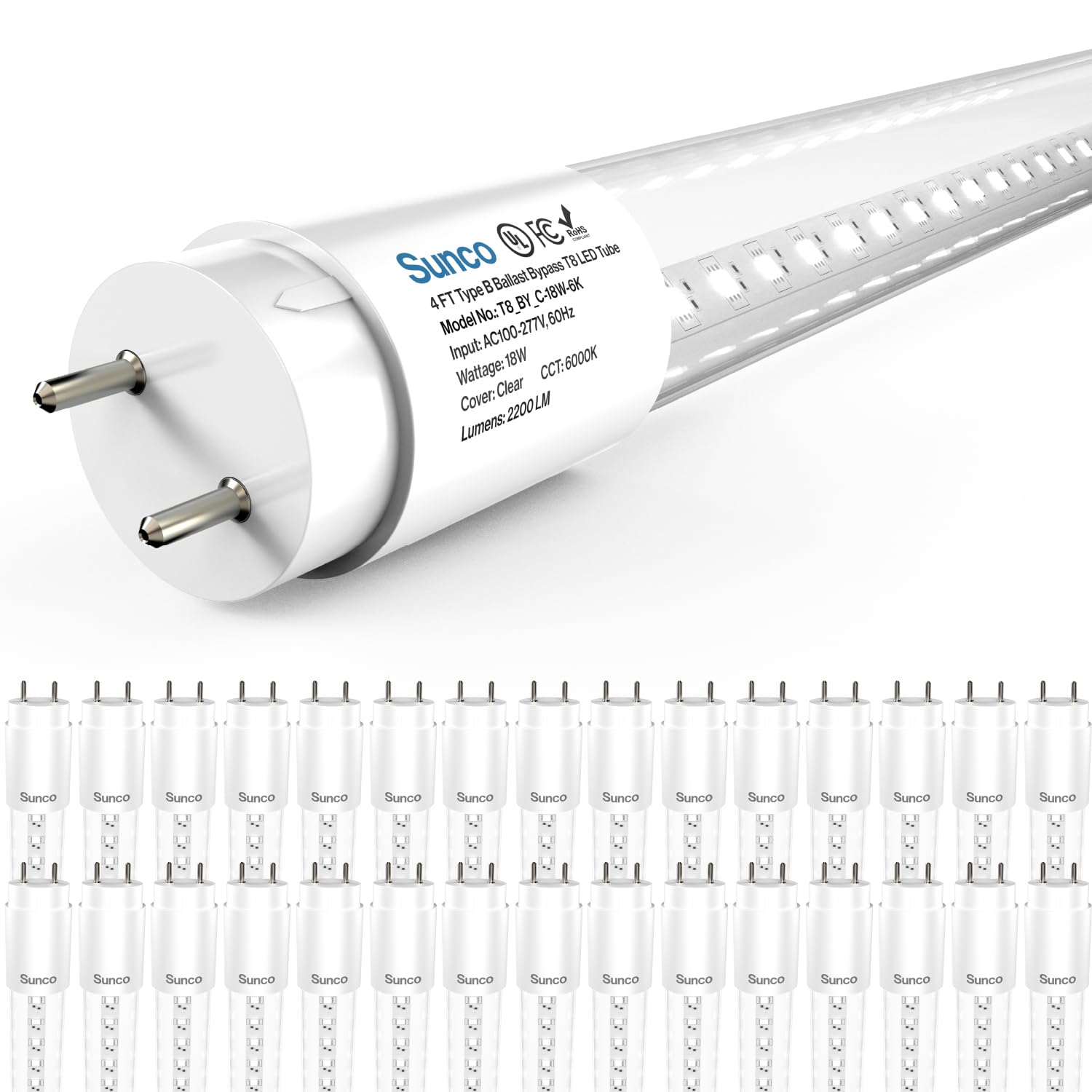 Sunco Lighting Sunco T8 LED bulbs with clear lens for bright, even light.