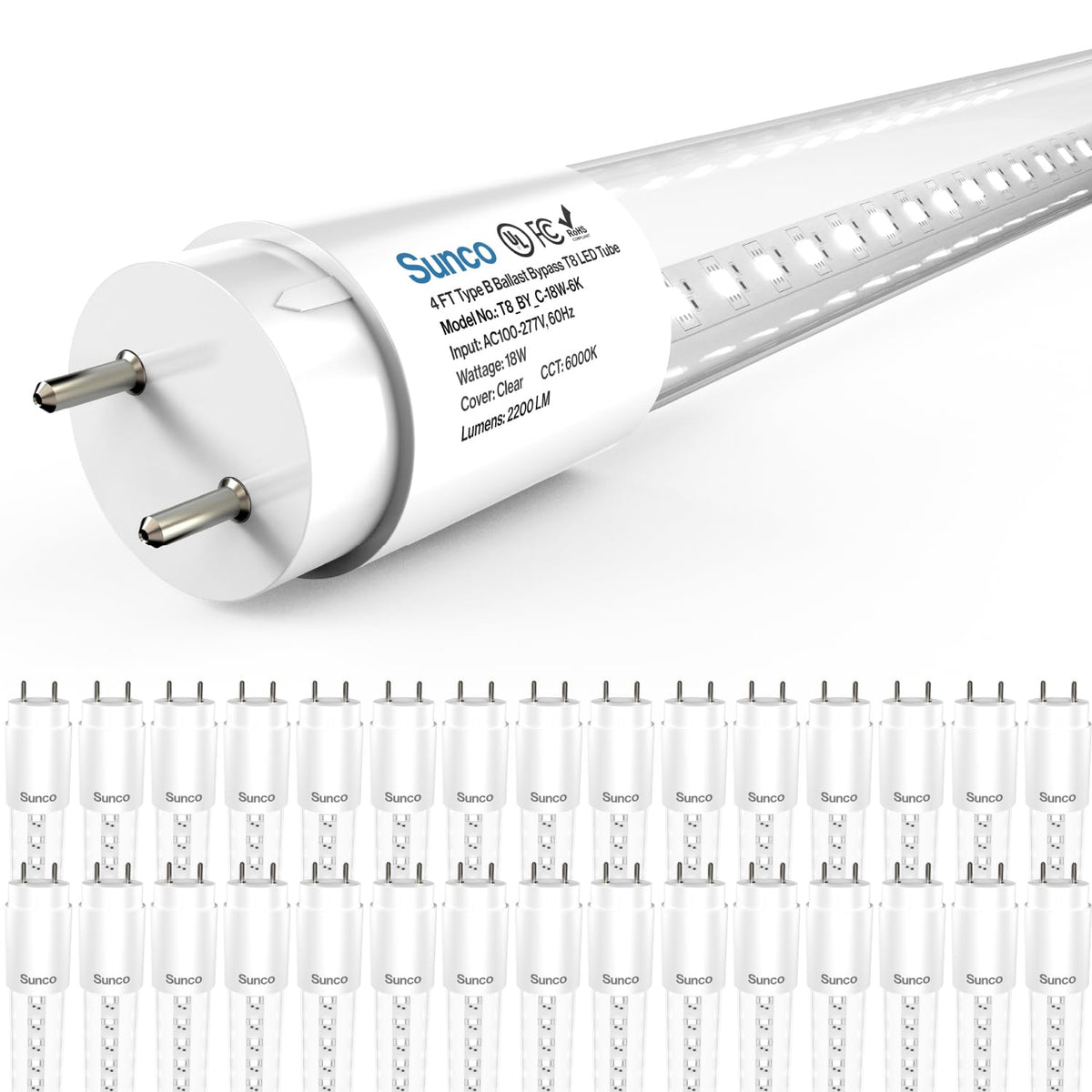 Sunco Lighting Sunco T8 LED bulbs with clear lens for bright, even light.
