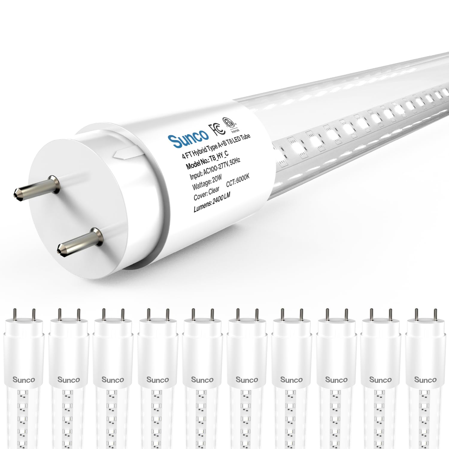 Sunco T8 LED bulbs 4ft clear lens deliver daylight-like brightness for garages and workshops.