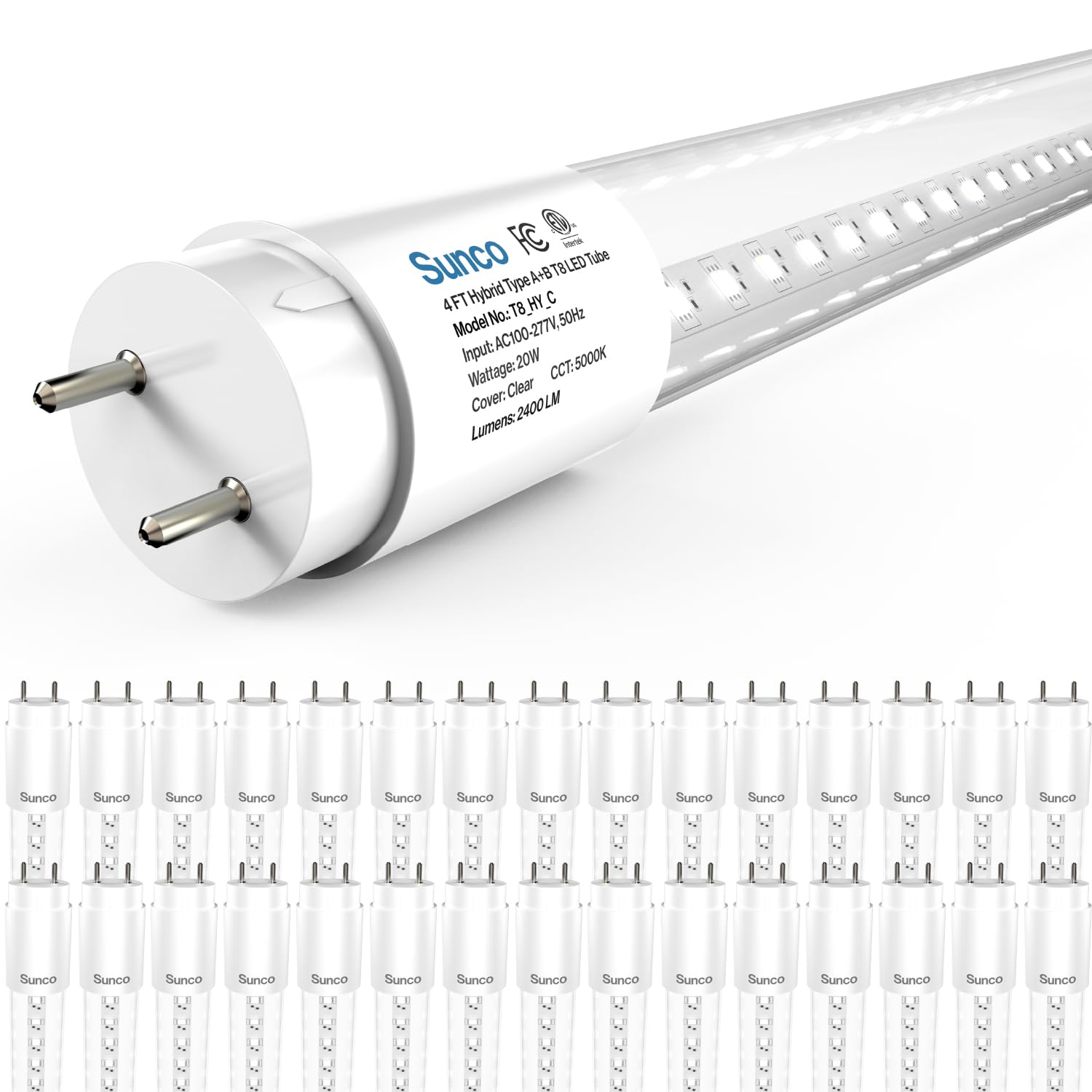 Sunco T8 LED bulbs 4ft pack for energy-efficient fluorescent replacement.