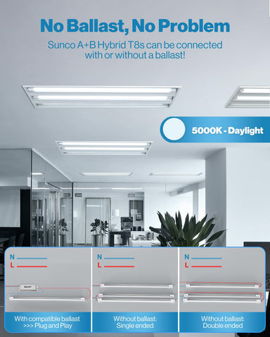 Sunco T8 LED bulbs with clear lens for crisp daylight-like illumination.