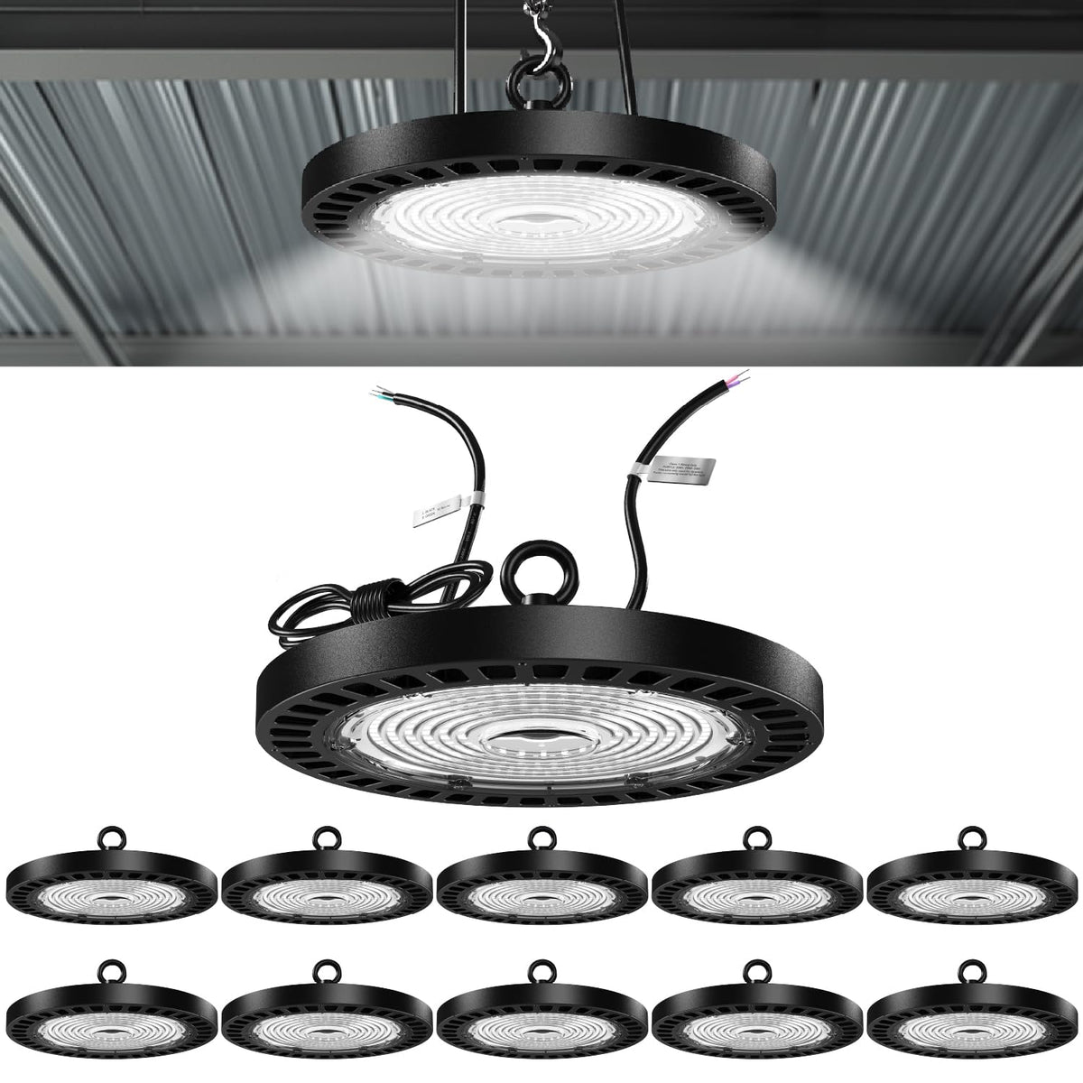 Sunco Lighting UFO high bay 150W ceiling mount illuminates a large warehouse.