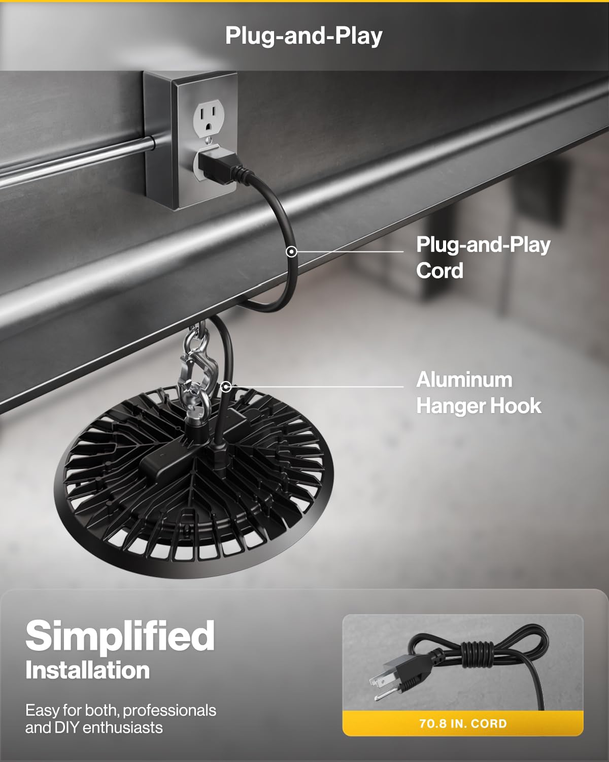 Sunco UFO High Bay 150W rugged aluminum housing for durability.