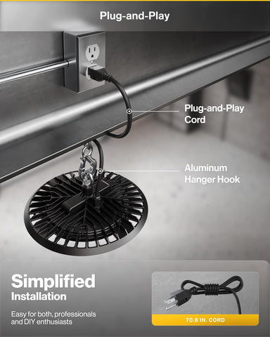 Sunco UFO High Bay 150W installation options pictured for flexible setup in facilities.