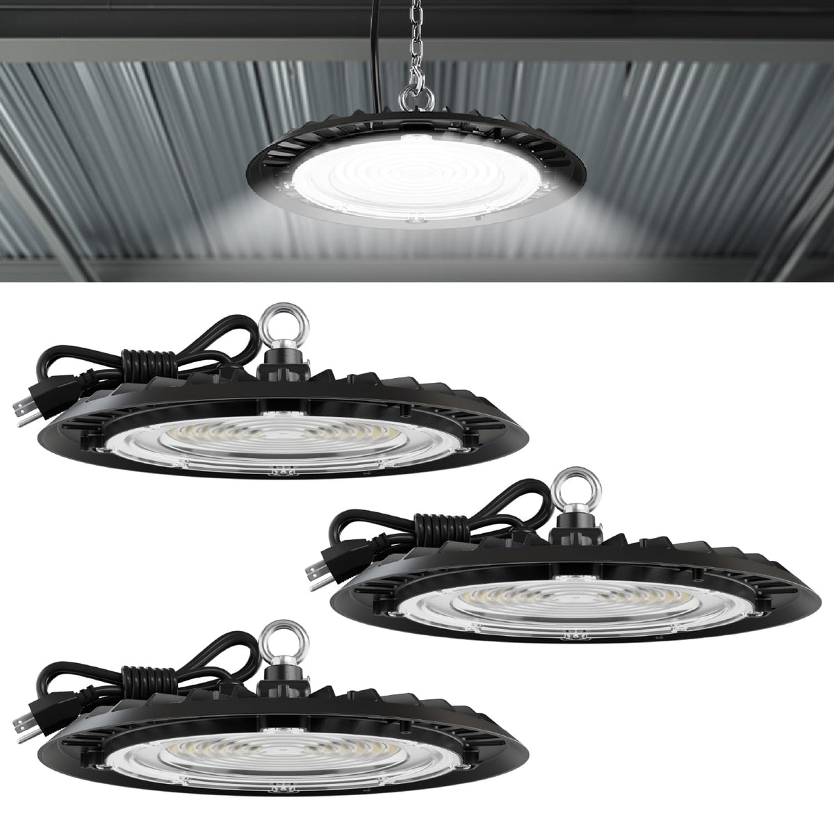 Sunco UFO LED High Bay 150W product shot highlights bright illumination in a large space