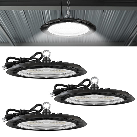 Sunco UFO LED High Bay 150W product shot highlights bright illumination in a large space