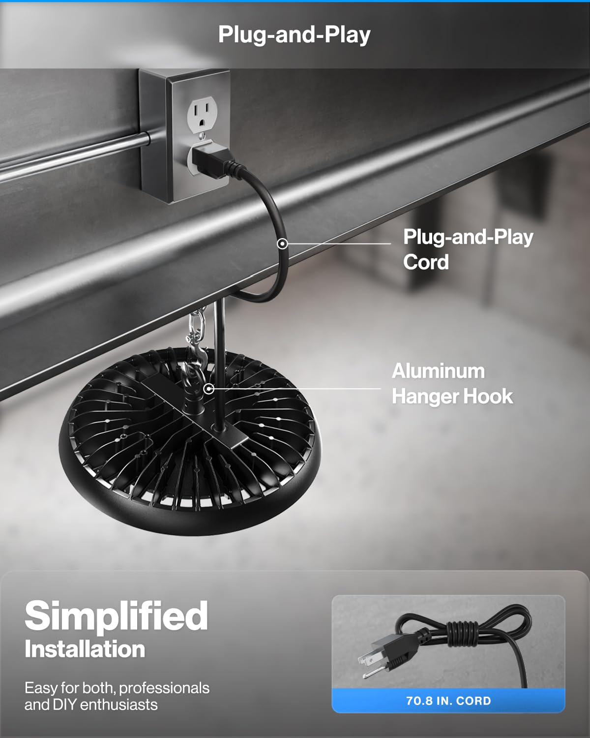 Sunco UFO high bay 200W with NPT pole mount for tall spaces
