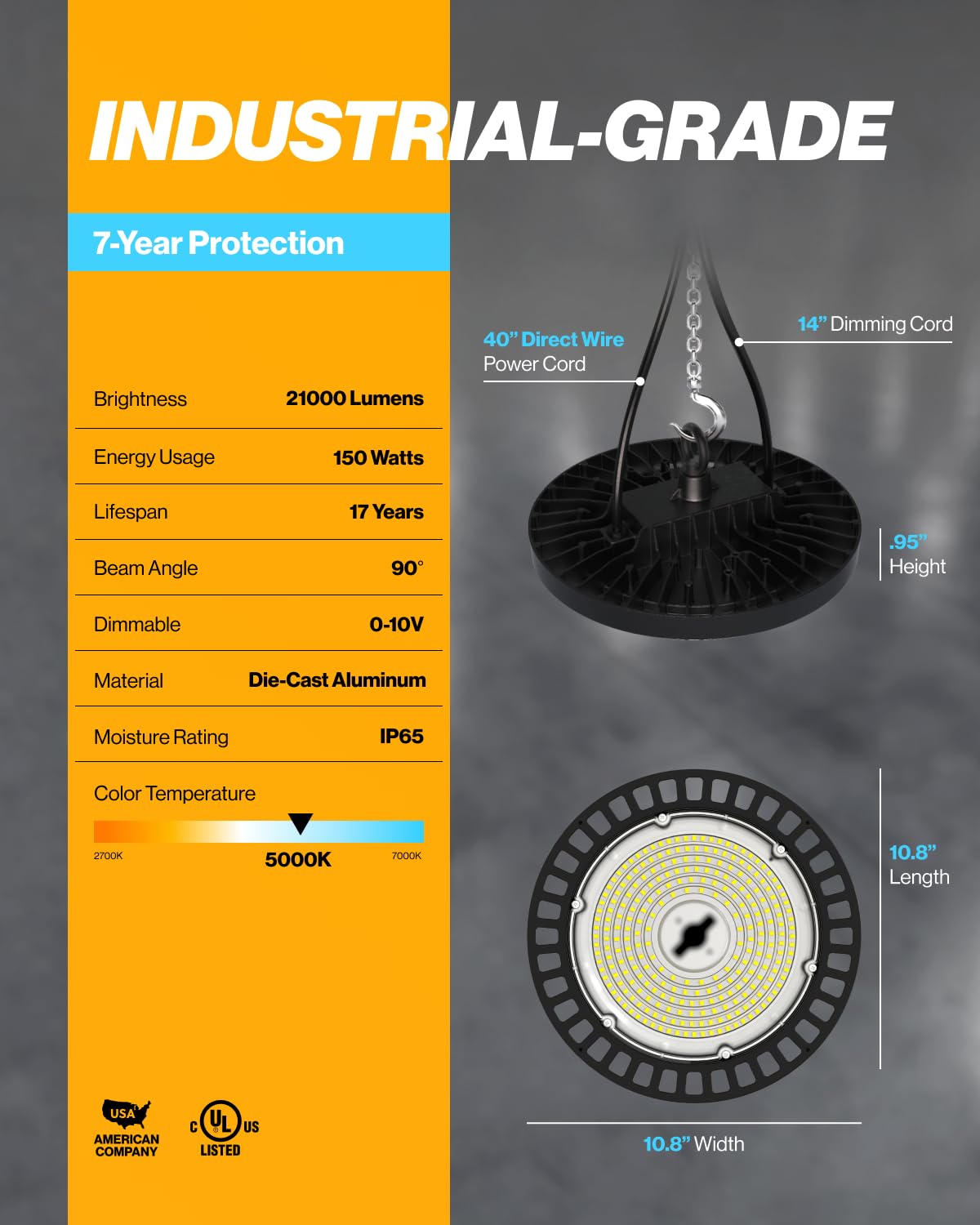 Sunco UFO High Bay universal-volt 100-277V supports flexible installations.