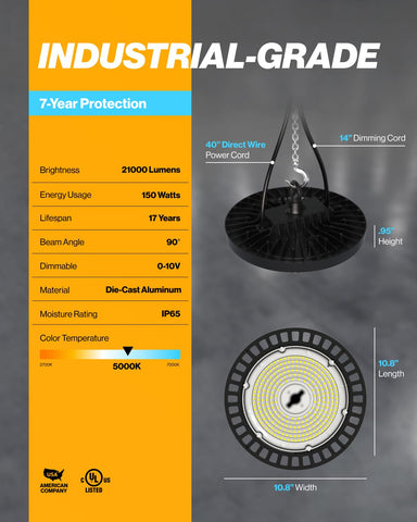 Sunco UFO High Bay universal-volt 100-277V supports flexible installations.