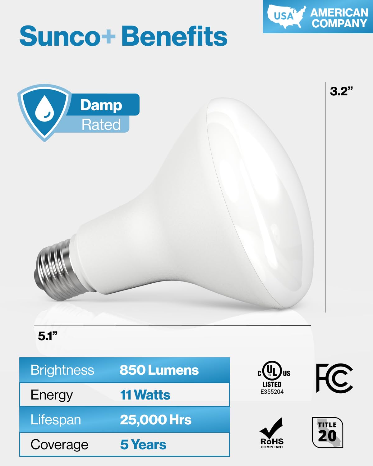 Sunco UL-certified BR30 LED bulb ensures safe operation.