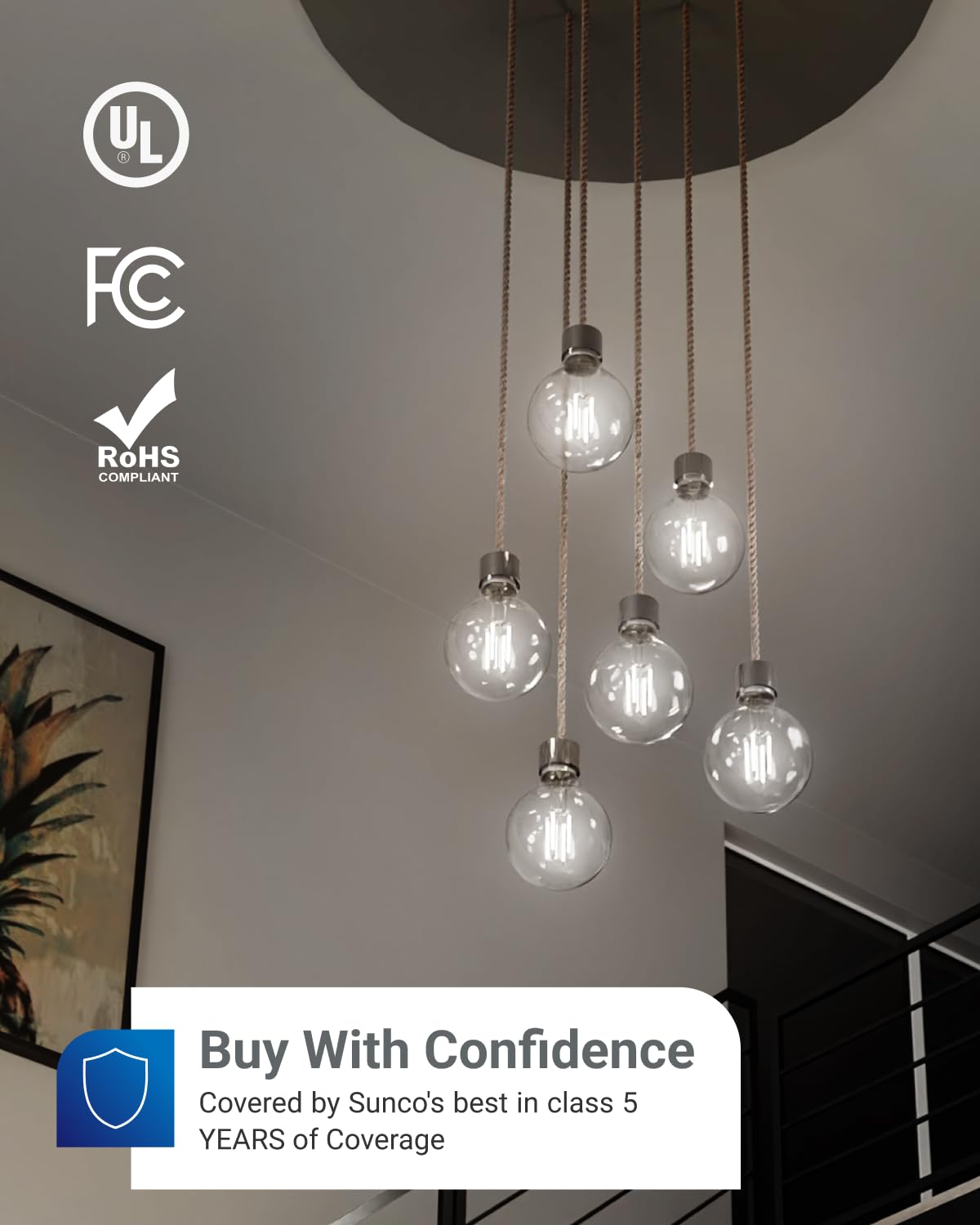 UL-certified Sunco G25 LED globe bulb with clear glass and safety certification