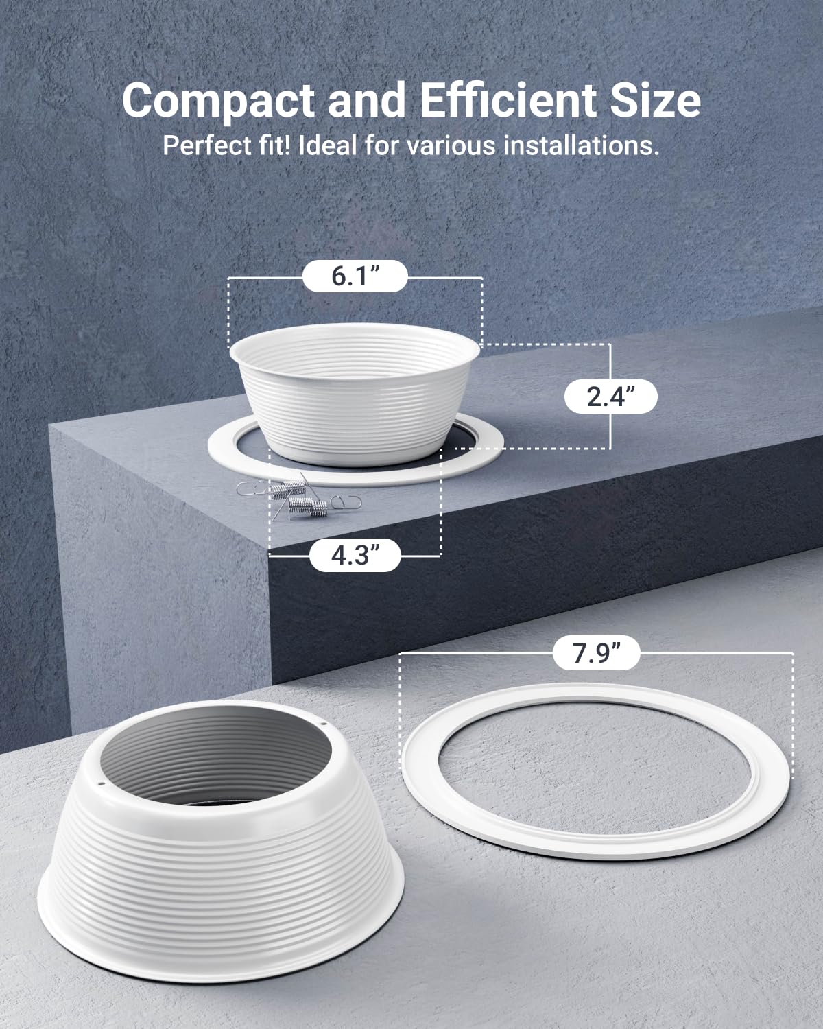 Sunco white 6-inch trim sits flush between drywall and the can