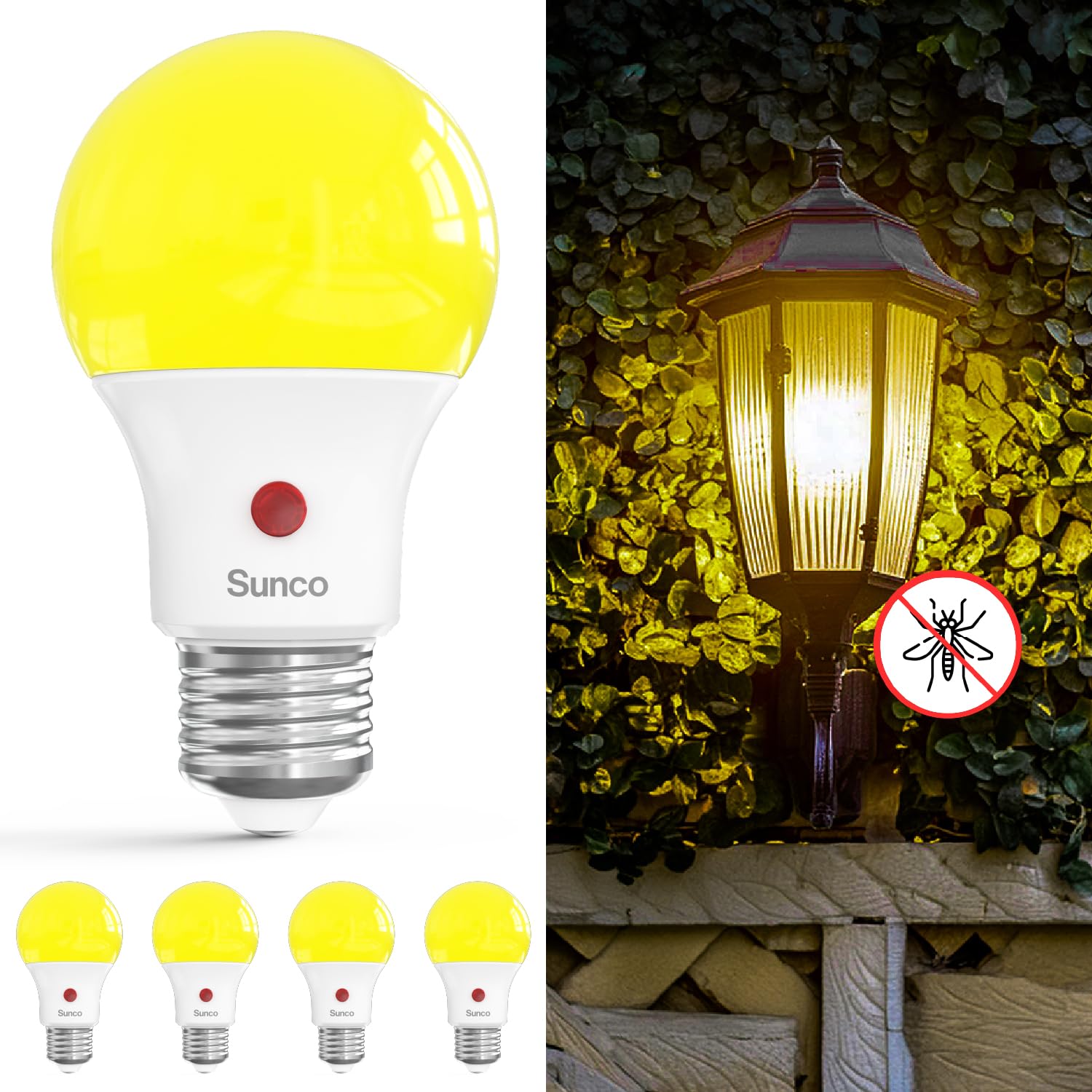 Sunco yellow outdoor A19 bug light illuminating a welcoming porch at dusk