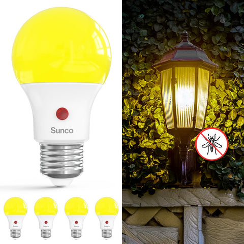Sunco yellow outdoor A19 bug light illuminating a welcoming porch at dusk