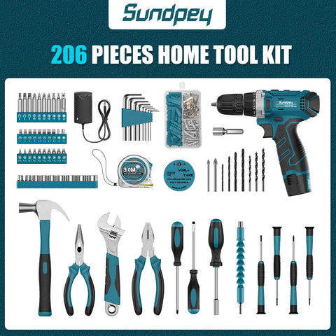Sundpey 12V cordless drill with LED light for dim corners.