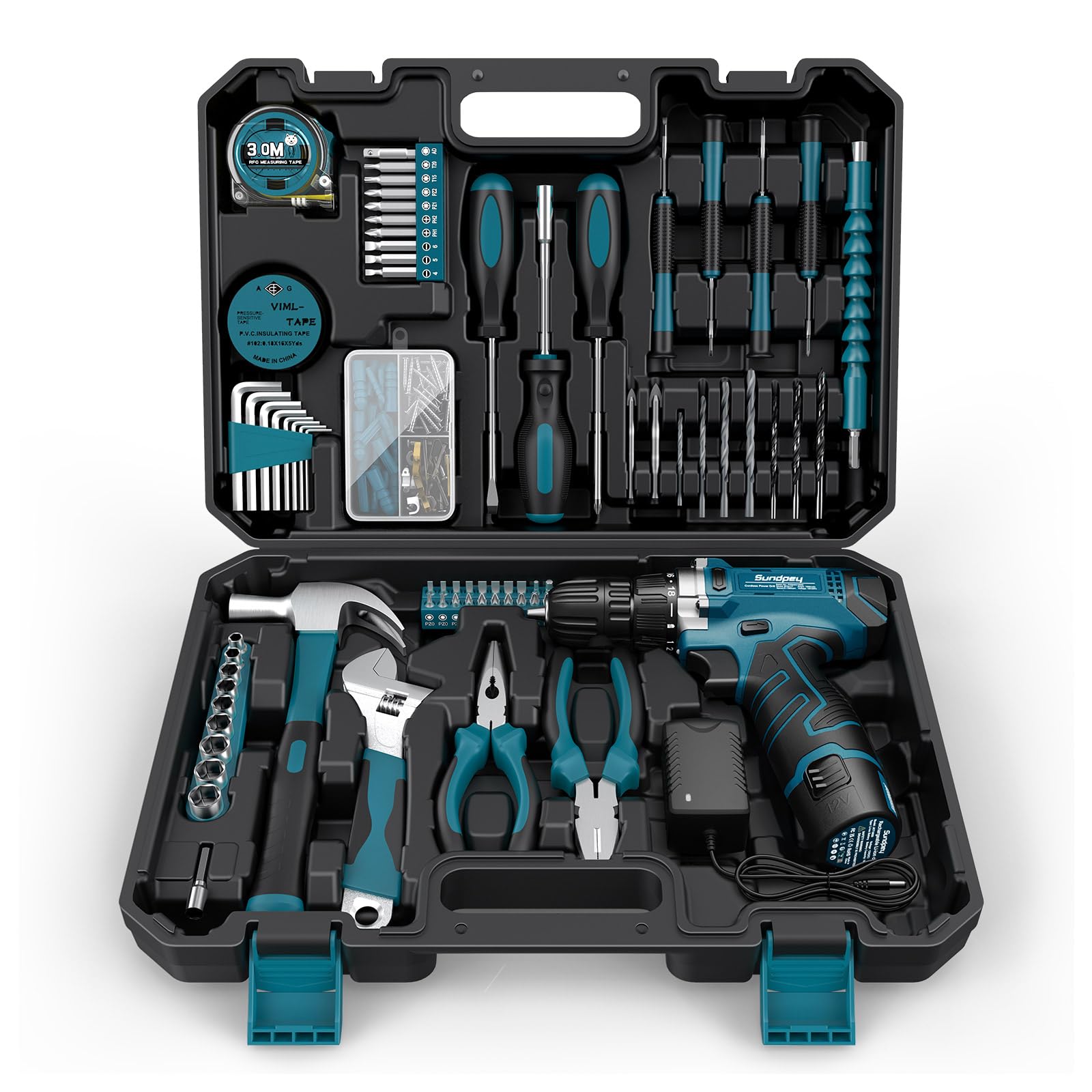 Sundpey 206pc tool kit front-case view for easy, portable organizing.