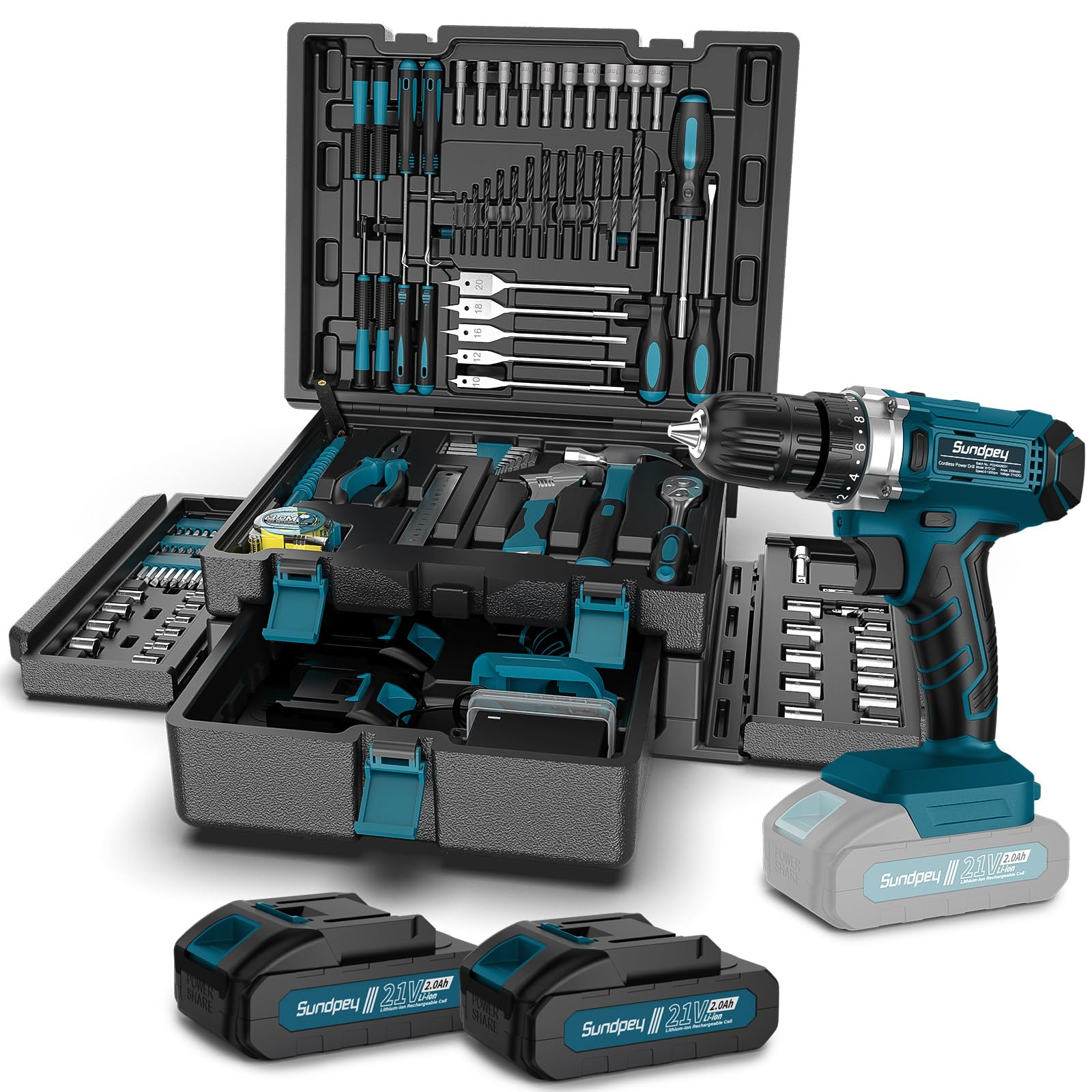 Sundpey 21V cordless drill front view for easy one-handed drilling and screwing.