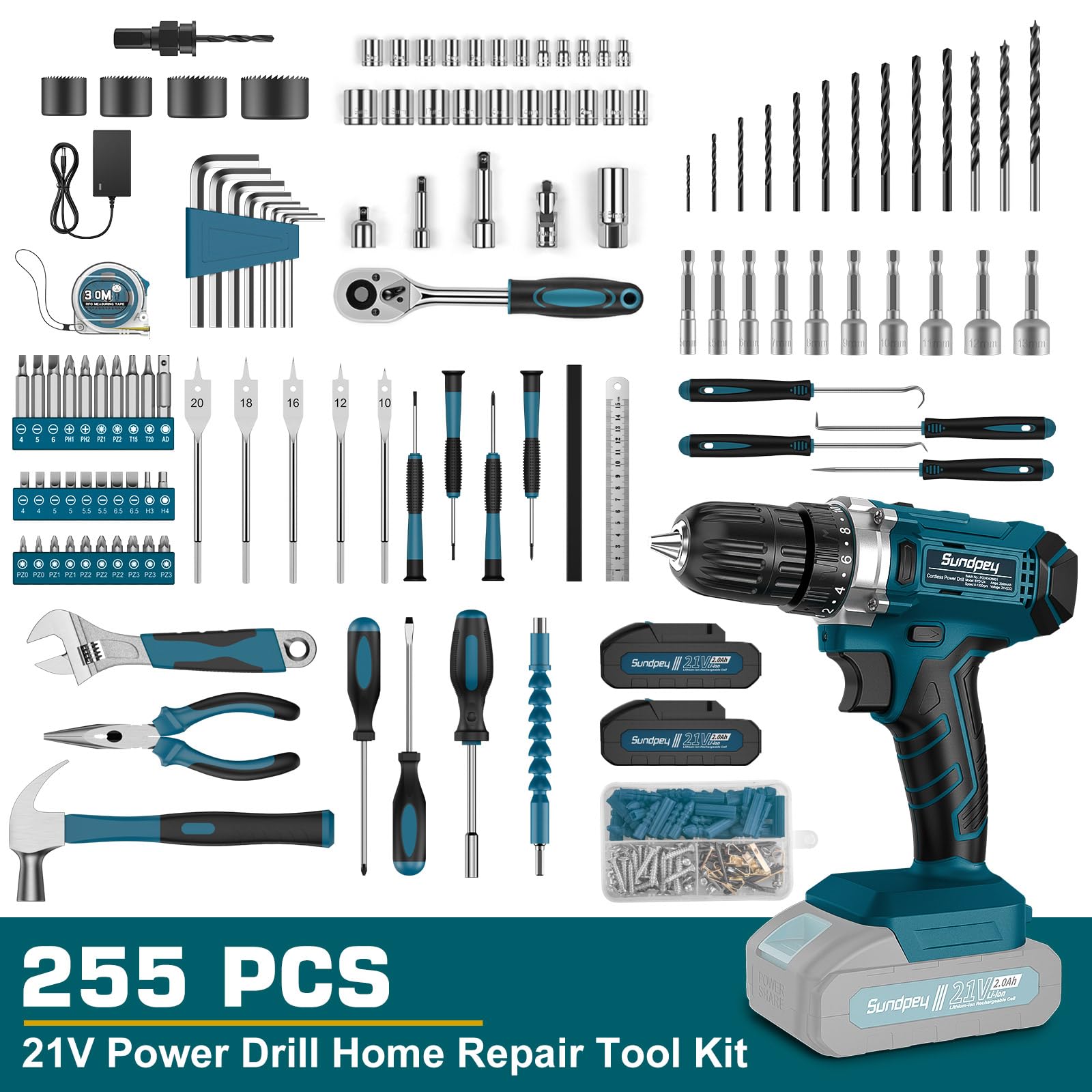 Sundpey 255-piece tool kit box open showing full contents.