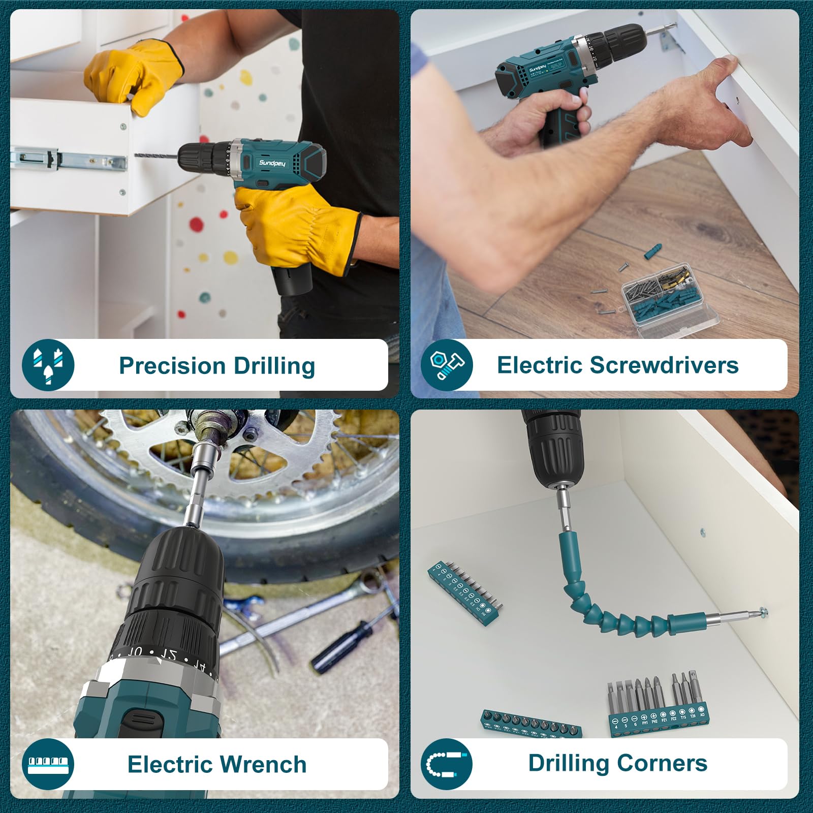 Sundpey drill bits assortment for wood, metal, and tile applications.