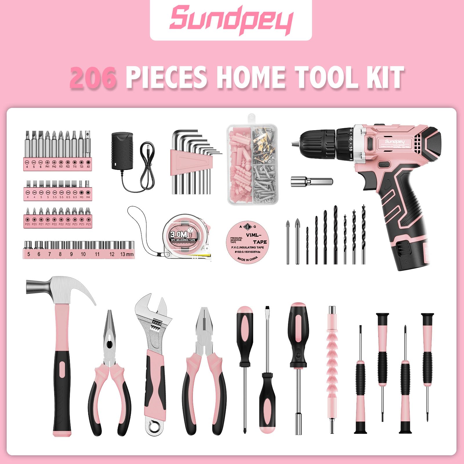 Sundpey pink tool box open shows organized hand tools