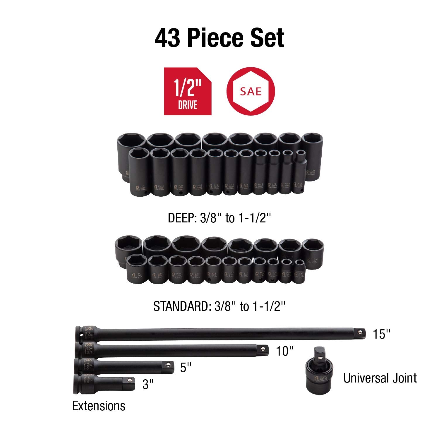 Sunex 2568 SAE range 3/8 to 1-1/2 for broad compatibility