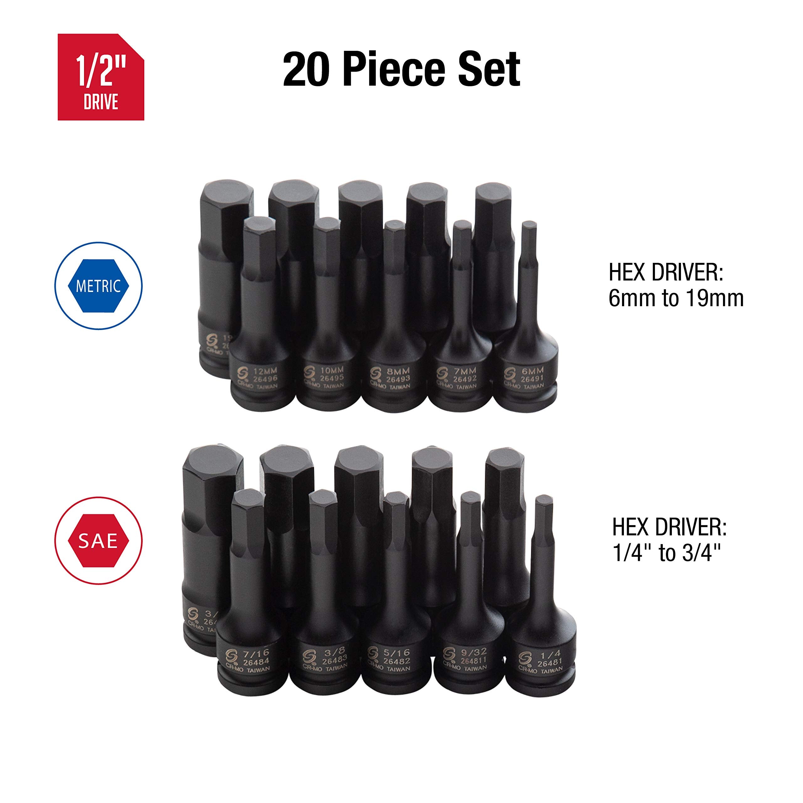 Dual markings enable fast size identification with Sunex 2637 hex drivers