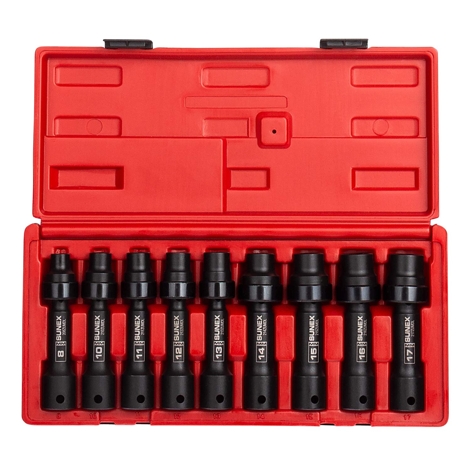 Sunex Tools 2695 driveline socket set with 8mm–17mm range for limited-access fasteners.