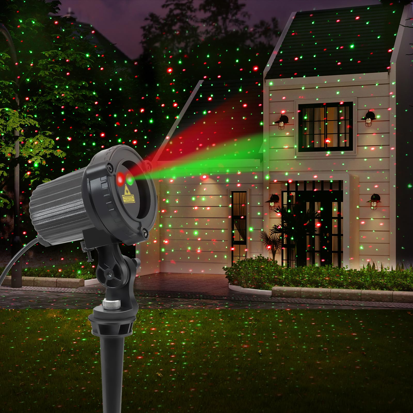 SUNFUCAN laser christmas projector outdoor lights project a festive garden scene.